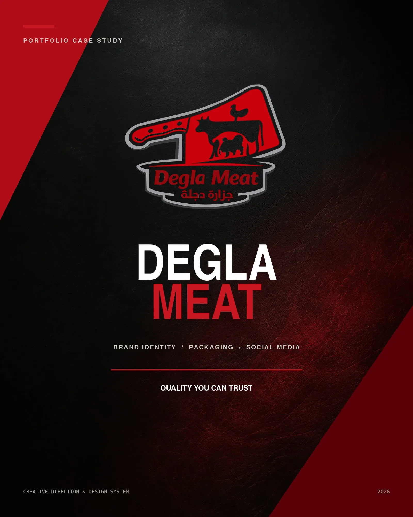 Degla Meat — A bilingual red-black-white retail system for a butcher — identity, packaging and social — scaling from a sticker on a tray to a delivery box.